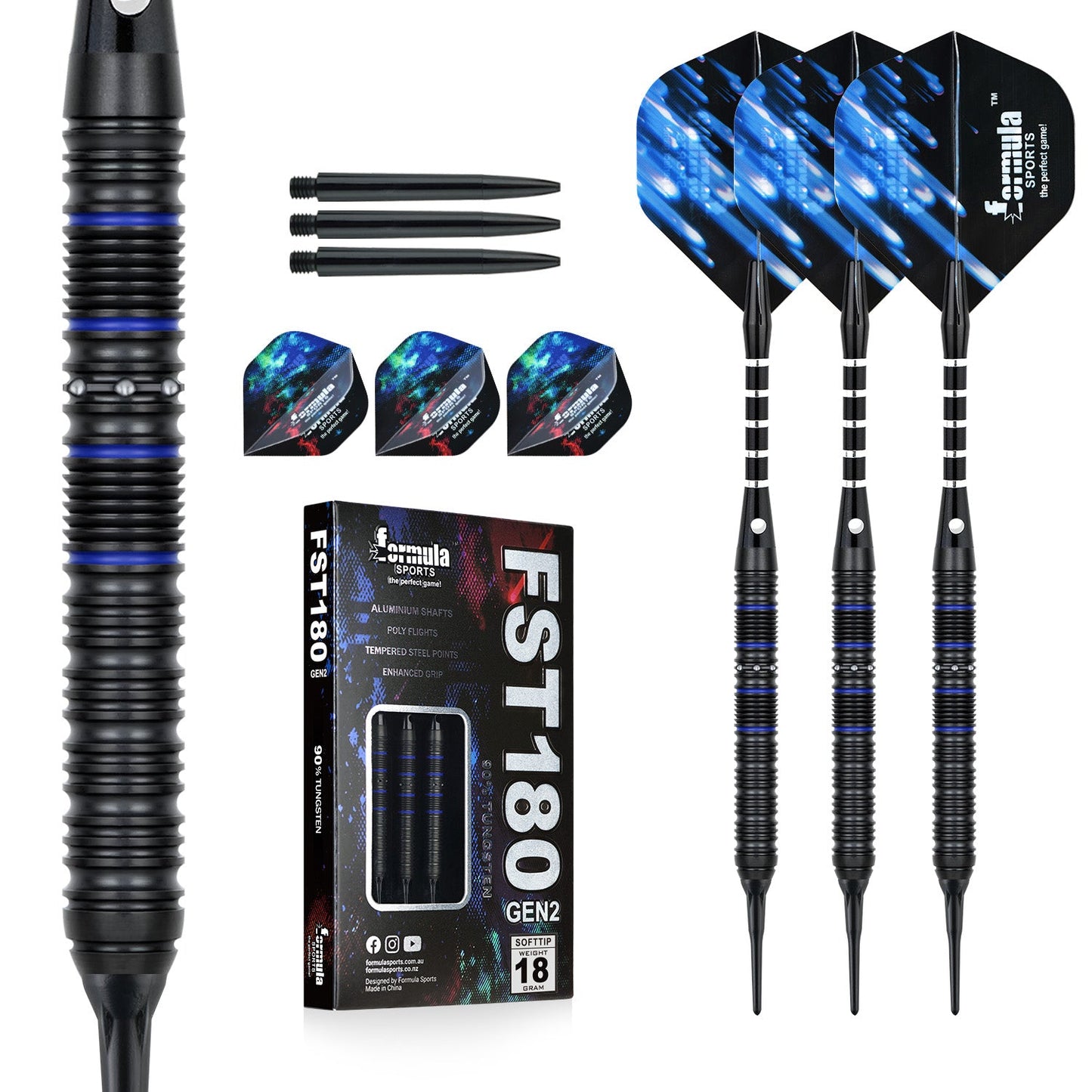 Formula FST180 Gen2 Black+Blue Rings Tungsten Dart Softtip 18g