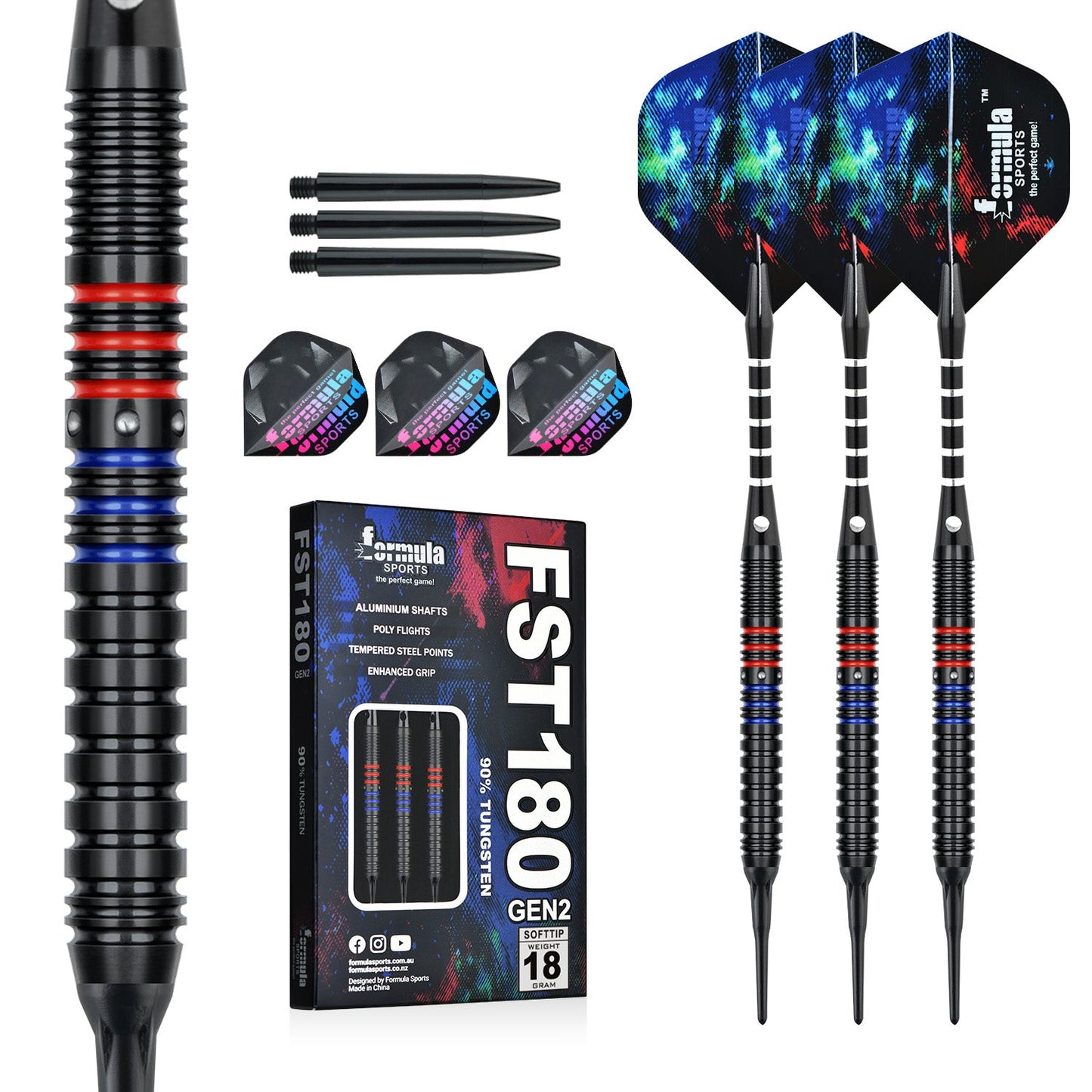 Formula FST180 Gen2 Black+Blue & Red Rings Tungsten Dart Softtip 18g