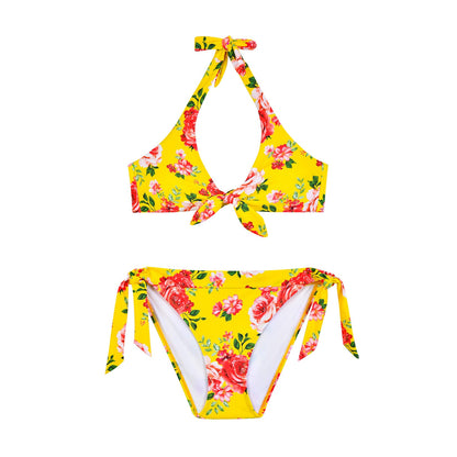 Gelbes Triangel-Bikini-Set mit Blumenmuster und Fliege für Damen